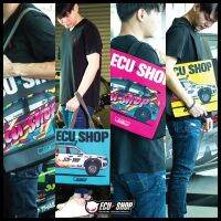 กระเป๋าผ้า ECU=SHOP สีชมพู-เหลือง ขนาดเล็ก (13x13 นิ้ว) ลดโลกร้อน สวยเท่ห์ เนื้อผ้าดี หนา ซักได้