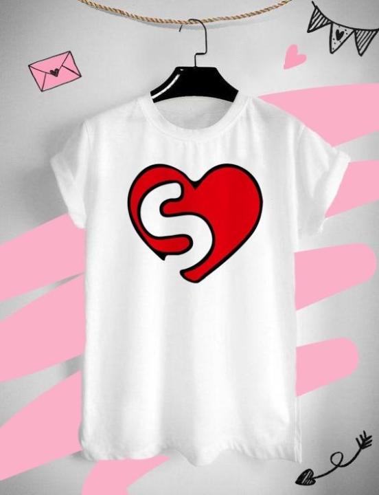 เสื้อยืดอักษรหัวใจ อักษร S ต้อนรับวันวาเลนไทน์ วันแห่งความรัก ด้วยเสื้อยืด Valentine สีสันสดใส ใส่สบาย ไม่ยืด ไม่ย้วย