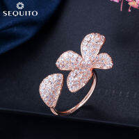 SEQUITO กุหลาบคุณภาพสูงชุบทอง Mirco Pave AAA Cubic Zirconia ดอกไม้ปรับแหวนปรับขนาดได้สำหรับจัดเลี้ยงผู้หญิงเครื่องประดับ SR042