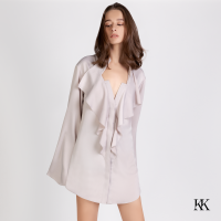 [Kwankao] KK ONLINE Ruffle Shirtdress [Creamy Grey] เสื้อเชิ้ตเดรสโอเวอร์ไซส์สีครีมเทา ดีเทลระบายด้านหน้า