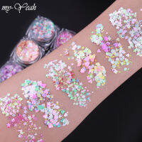 Myyeah 6สี Chameleon เล็บแผ่นโฮโลแกรมสะท้อนแสงเกล็ดแวววาว UV เจล Polish Heart Star Self-กาวประกาย DIY Decors