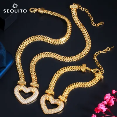 SEQUITO แอฟริกันชุบทอง Cubic Zirconia Charm ยุ้ย Miami Cuban Chain สร้อยข้อมือสร้อยคอฮิปฮอปสไตล์ชุดเครื่องประดับสำหรับผู้หญิงผู้ชาย SJ202