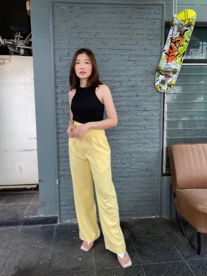 wanderer.bkk : wander trousers pale yellow กางเกงขายาวเอวสูง