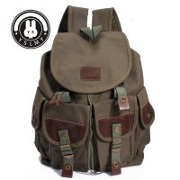 TOP☆Man bag YSLMY US Men Canvas Leather Travel Backpack Hiking Satchel Military Book  Bag Rucksack Army Green