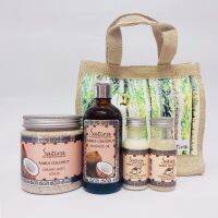 Samui Coconut Home Spa Set ชุดโฮมสปาน้ำมันมะพร้าวสมุย 3 in 1 ประกอบด้วยสครับผิว น้ำมันนวด แชมพูเจลอาบน้ำ&amp;อ่างฟองโฟม โลชั่นบำรุงผิว จาก สถิรา