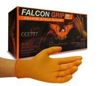 Orange Diamond Textured Nitrile Glove ถุงมือยางไนไตรลายพิมพ์นููนบนฝ่ามือและปลายนิ้ว สีส้ม (ยี่ห้อ Falcon Grip) ชนิดไม่มีแป้ง