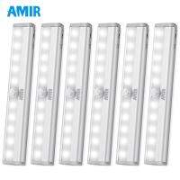 AMIR 10 LED 6ชิ้นไฟเซ็นเซอร์การเคลื่อนไหว DIY แบตเตอรี่ที่ดำเนินการไฟกลางคืนติดบนบันไดไฟบาร์ไฟตู้เสื้อผ้า