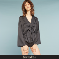 [Kwankao] Tied Blouse (Black) เสื้อแขนยาวสีดำดีเทลผูกผ้าด้านหน้า