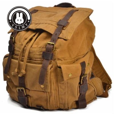 TOP☆YSLMY Vintage Military Canvas Leather Mens Backpack Large Canvas Hiking Backpack Bag Men School Backpacks Travel Bag big Rucksack