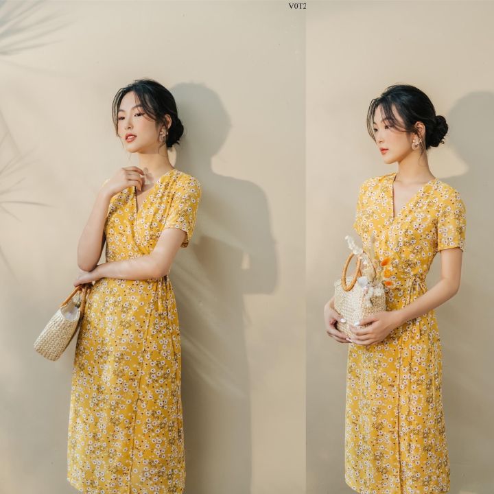 Váy nữ dài tay cổ V hoạ tiết hoa nhí  Hanyza Store