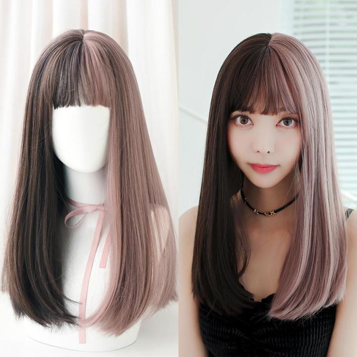 korean hairstyle Fashion Medium Straight Middle Part black /pink Women's  Hair Wig Bob Daily Full Wigs | Lazada
