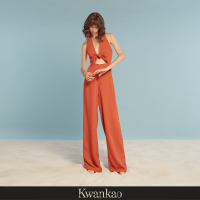 [Kwankao] Sunshine Jumpsuit จัมพ์สูทสีส้มขายาวพริ้วดีเทลผูกผ้าด้านหน้า