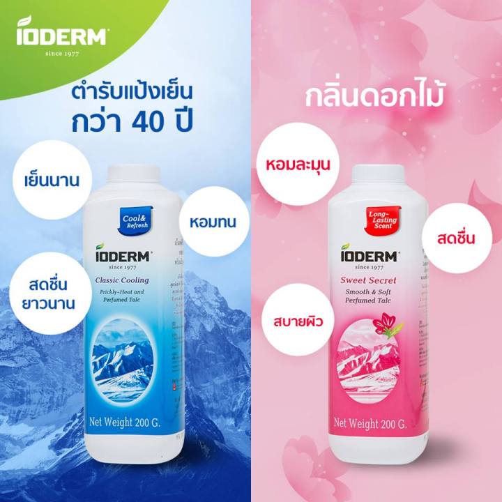 ioderm-แป้งเย็นไอโอเดิมร์-สูตรคลาสสิกคูลลิ่ง-classic-cooling-200-กรัม-แพค-6-กระปุก