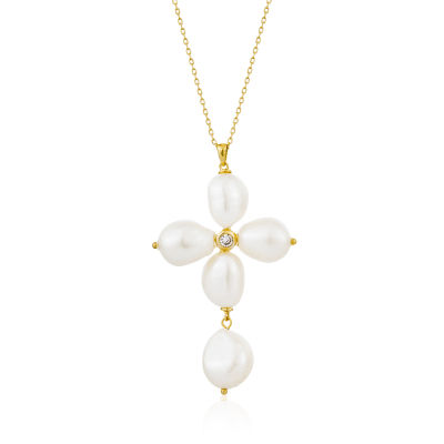 Haus of Jewelry - MOANA MERI CROSS NECKLACE สร้อยคอเงินแท้ ประดับมุกน้ำจืดและเพชรคิวบิกเซอร์โคเนีย (Freshwater pearl and The stones are Cubic Zirconia )