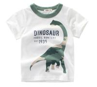 T-Shirt Kids Boys Short Sleeve เสื้อยืดคอกลมแขนสั้น เสื้อผ้าเด็กการ์ตูนไดโนเสาร์,พิมพ์ลาย Dinosaur สีครีม