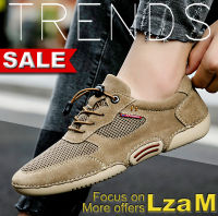 Men Genuine Leather Shoes Outdoor Antiskid Shoes Lace Up Driving Casual Shoes Canvas Mesh Running Low Top Breathable Trendy Shoes