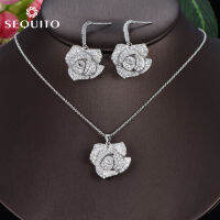 SEQUITO คุณภาพสูงสีขาวชุบทอง Mirco Pave ลูกบาศก์ขนาดเล็ก Zirconia Rose ดอกไม้จี้สร้อยคอต่างหูชุดสำหรับเจ้าสาวงานแต่งงานอุปกรณ์เสริมเครื่องประดับ SJ198