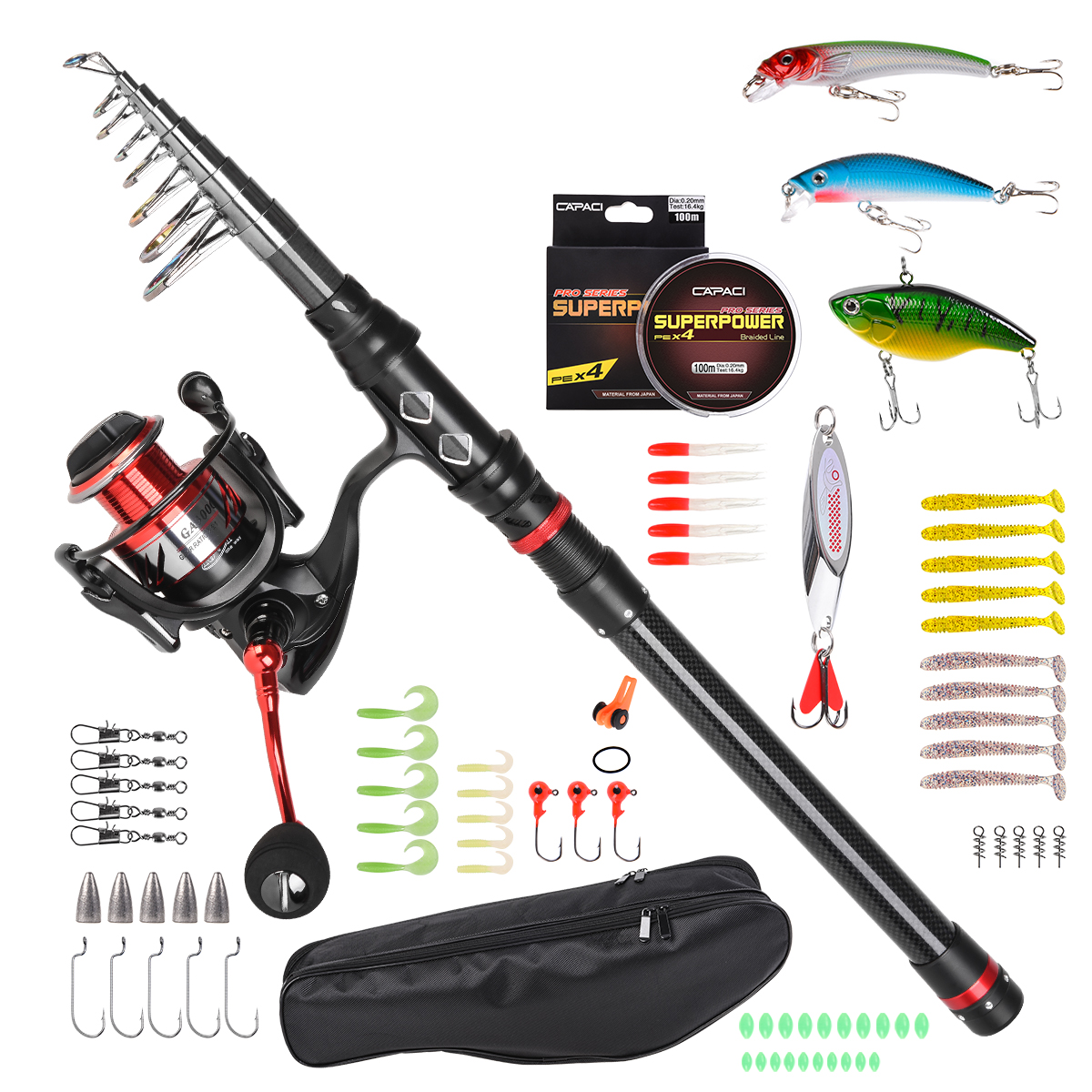 LEO Portable Fishing Rod and Reel Combos Carbon Fiber Telescopic Fishing Rod Set Come with All Accessories 64 Pcs for Travel Saltwater Freshwater Fishing