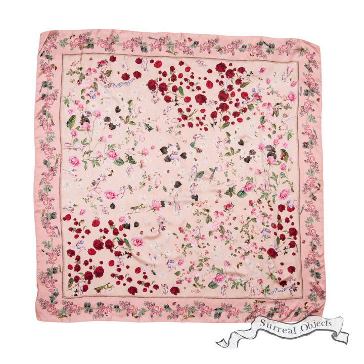 surreal-objects-rose-and-cupid-silk-satin-scarf-100x100-cm-ผ้าพันคอซิลค์ซาติน-ลายดอกกุหลาบกับคิวปิด-ขนาด-100-100-ซม