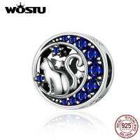 WOSTU Silver S925ลูกปัดเงิน925 Blue Moon Naughty Cat Charmsสำหรับสร้อยข้อมือกำไลข้อมือDIYเครื่องประดับทำZBSCC1204