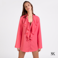 [Kwankao] KK ONLINE Ruffle Shirtdress [Pink] เสื้อเชิ้ตเดรสโอเวอร์ไซส์สีชมพู ดีเทลระบายด้านหน้า