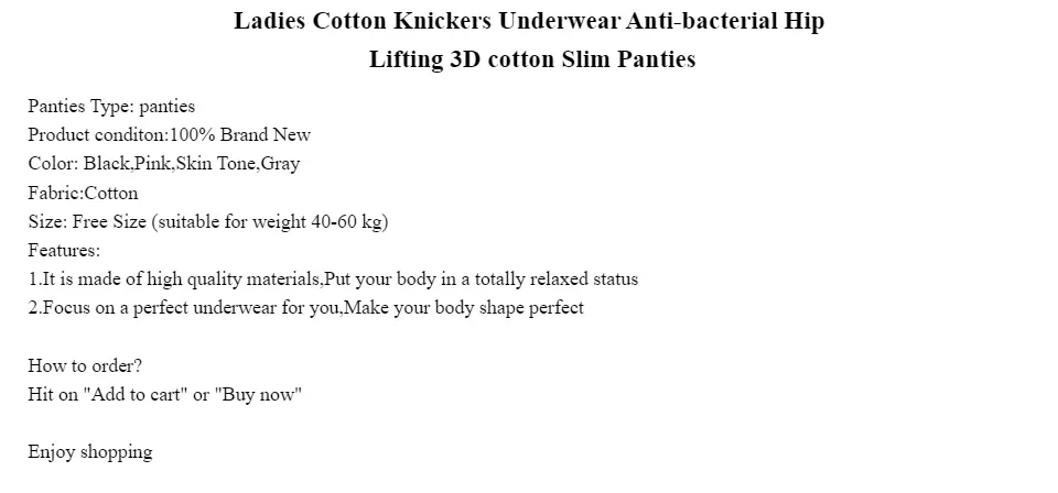 Ladies Cotton Knickers Underwear Anti-bacterial Hip Lifting 3D cotton Slim  Panties