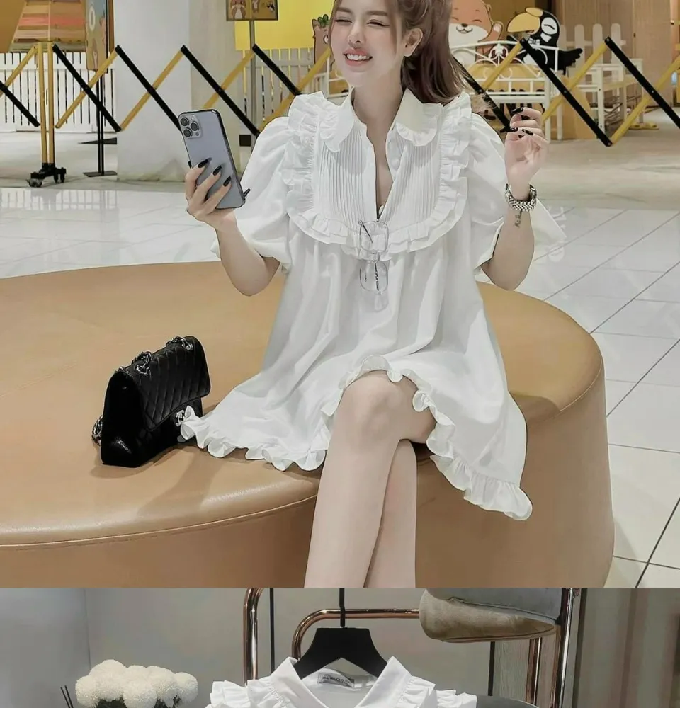 Đầm sơ mi trắng cổ bèo tay phồng váy suông viền bèo tiểu thư đầm babydoll Hàn  Quốc chất vải dày dặn  Lazadavn
