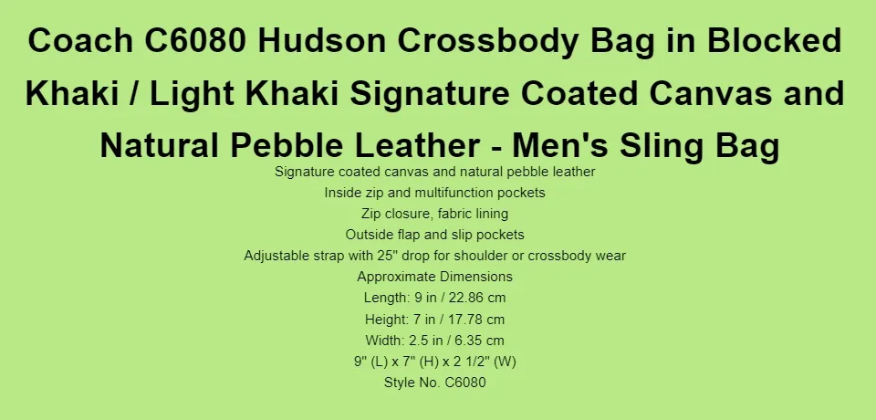 J2HL Coach C6080 Hudson Crossbody Bag in Blocked Khaki / Light