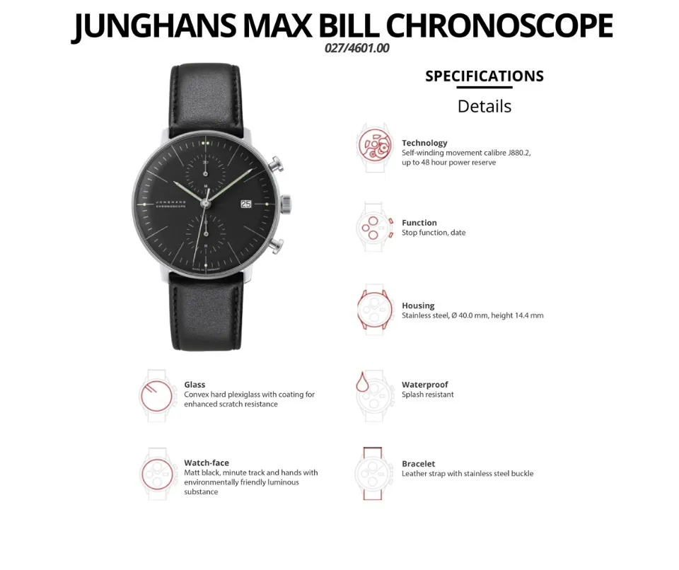 Junghans Max Bill Chronoscope 027 4601.00 Automatic Black Leather