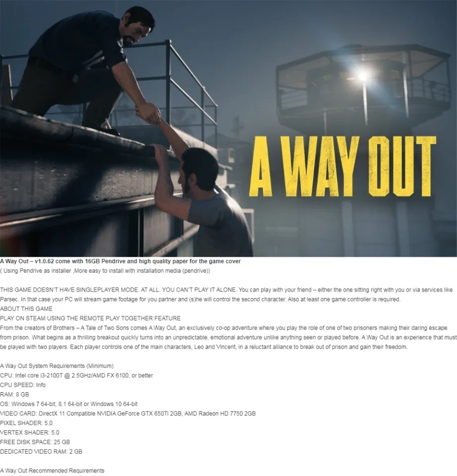 A Way Out PC System Requirements