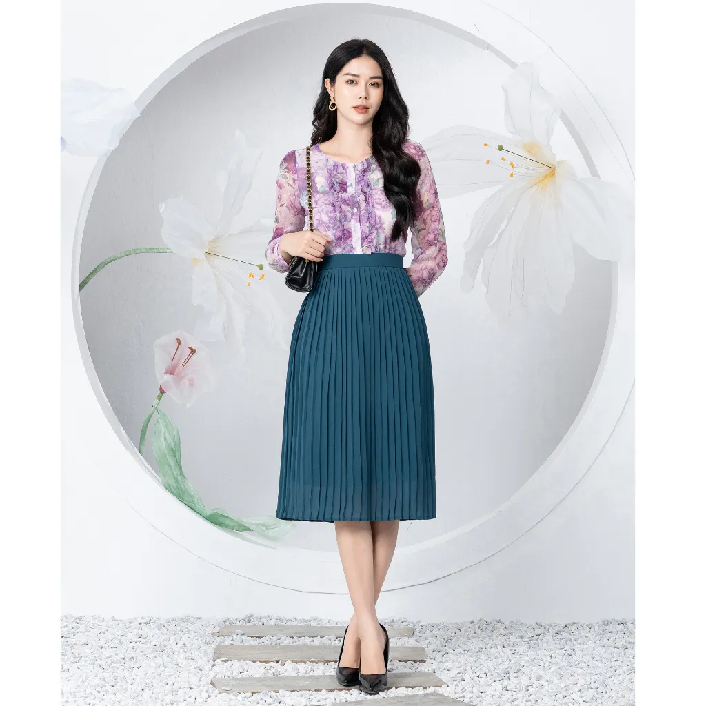 Áo Kiểu Nữ Dài Tay NK Fashion NKSM2202010 Họa Tiết Hoa Thanh Lịch, Thiết Kế Bèo Dọc Cổ, Vải Voan Hàn Cao Cấp