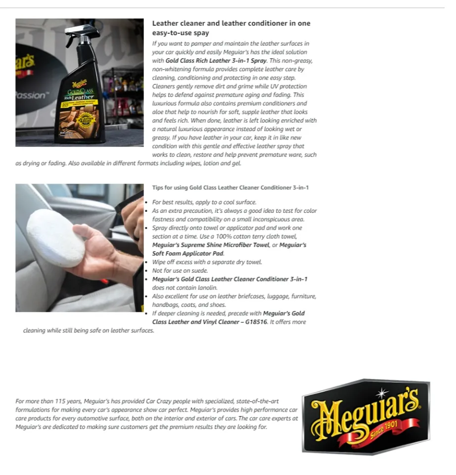 Meguiar's G10924sp Gold Class Rich Leather Cleaner and Conditioning Spray, 24 Fluid Ounces