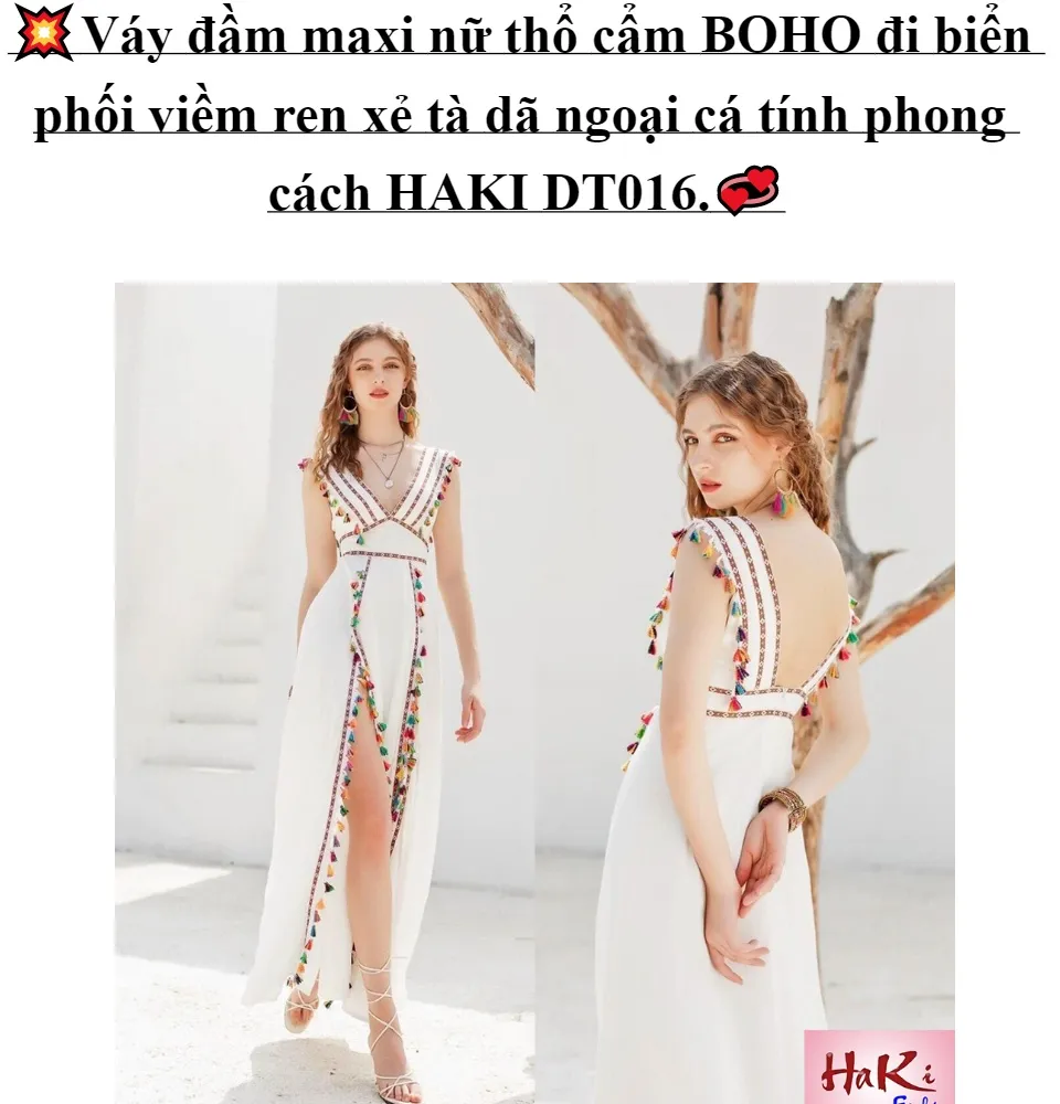 Váy đầm maxi nữ thổ cẩm BOHO đi biển phối viềm ren xẻ tà dã ngoại ...