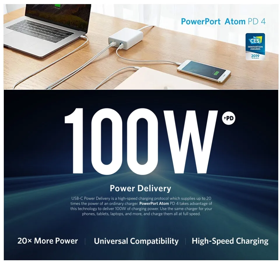 محطة شحن Anker-4-Port Type-C، توصيل الطاقة، PowerPort Atom، PD 4 لهاتف iPhone MacBook Pro، 100 وات