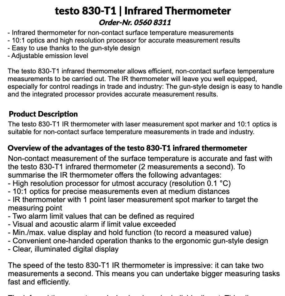 testo 830-T1 - Infrared thermometer with laser marking (10:1 optics)