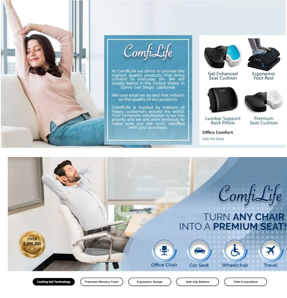 ComfiLife Gel Enhanced Seat Cushion & Lumbar Support Bundle - Office Chair  & Car Seat Cushion for Back Pain & Sciatica Relief - 100% Memory Foam 