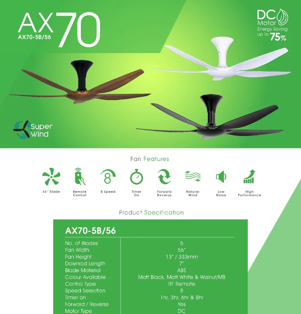 Alpha AX70 Series 56" 5 Blade Ceiling Fan (DC Motor) Siong How
