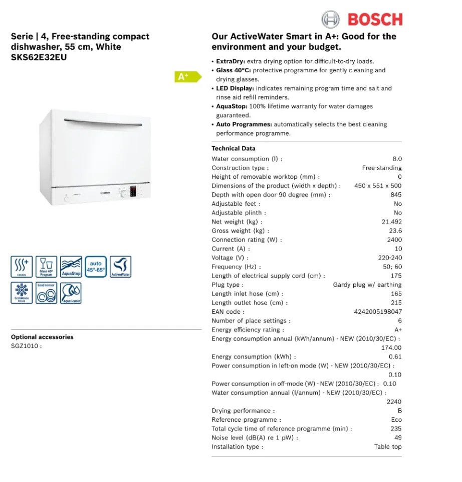 Bosch sks62e22eu compact dishwasher 2024 manual