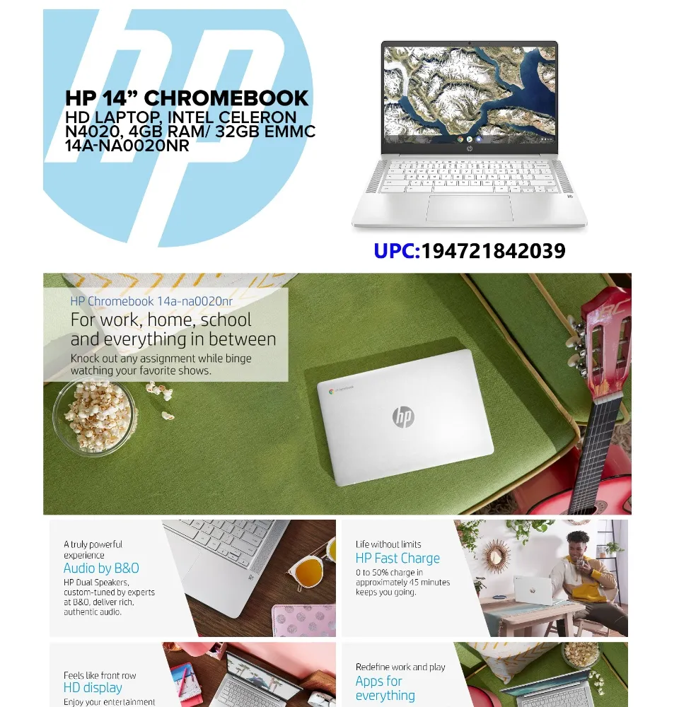 HP Chromebook 14-inch HD Laptop, Intel Celeron N4000, GB RAM, 32 GB eMMC, Chrome (14a-na0020nr, Ceramic White)