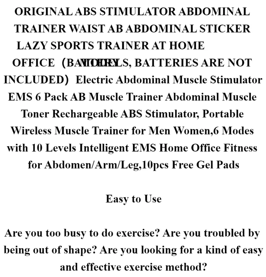 Abdominal Muscle Toner Rechargeable ABS Stimulator, Portable Wireless  Muscle Trainer for Men Women,6 Modes Intelligent EMS Home Office Fitness  for Abdomen/Arm/Leg, FREE One Extra Controller 