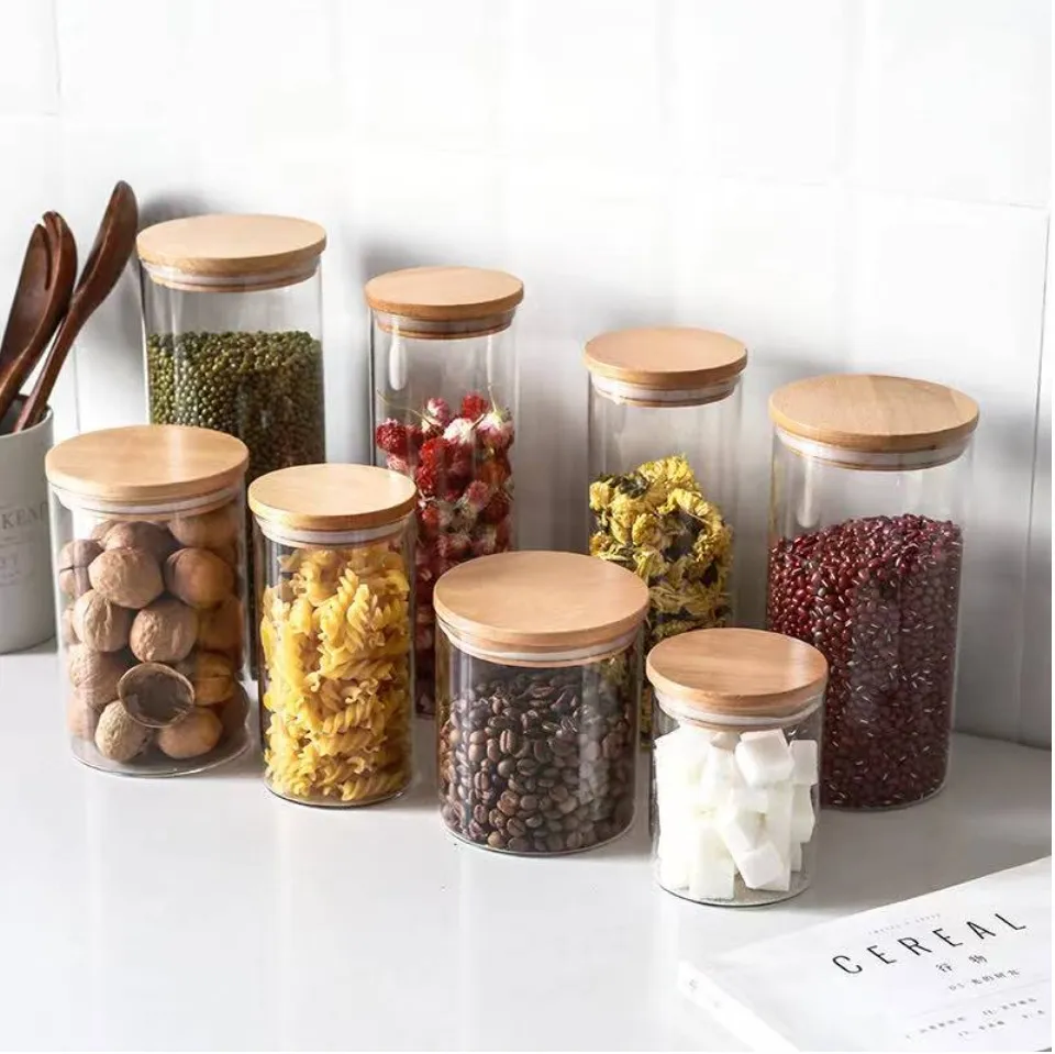 Set Of 12 Glass Storage Jars With Bamboo Lids, Portable And Clear Food  Containers For Tea, Coffee Beans, Sugar, Candy, Biscuits, Spices, Kitchen  Supplies