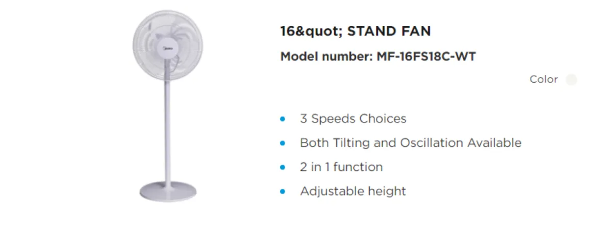 Midea Mf 16fs18c Bk Mf 16fs18c Wt 16 Stand Fan Adjustable Height Mf16fs18cbk Mf16fs18cwt Lazada