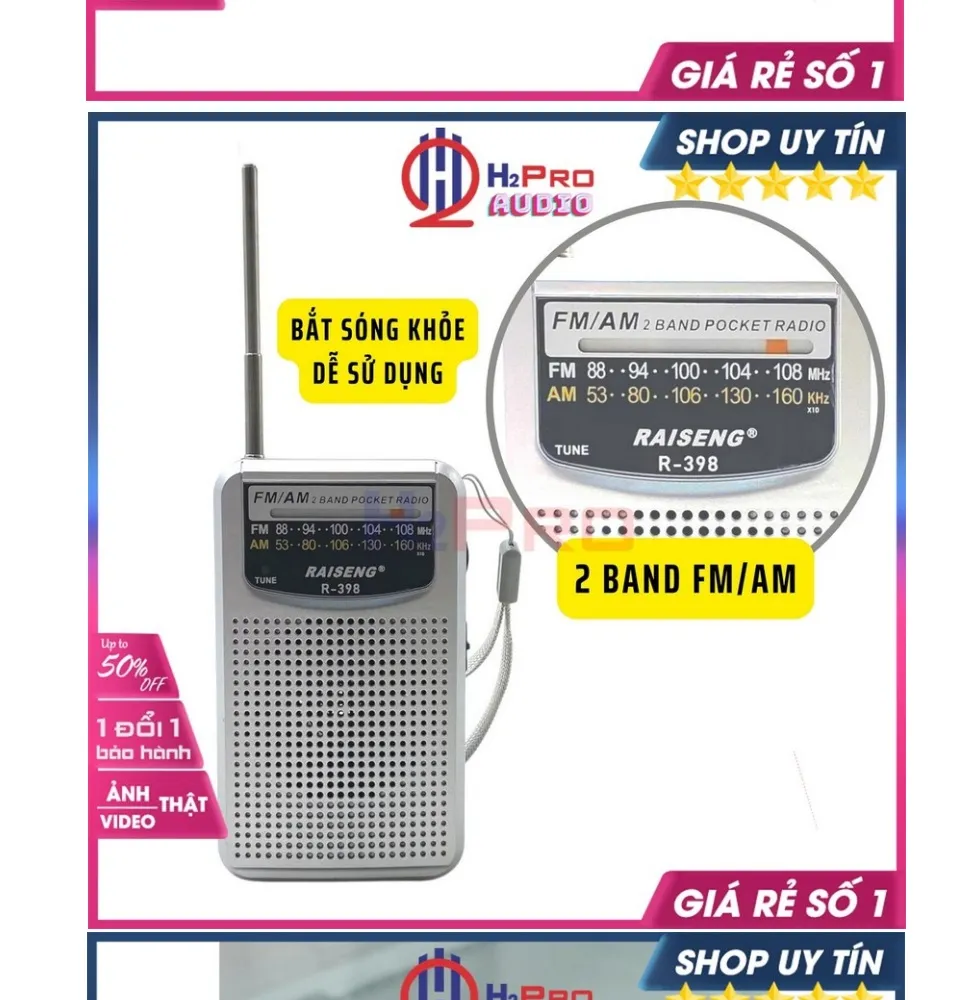 Radio FM Bỏ Túi Raiseng R-398 2 Band AM/FM, Hỗ Trợ Cổng Tai Nghe Tặng 2 Pin  AA, Đài Radio Cho Người Già-H2Pro Audio 