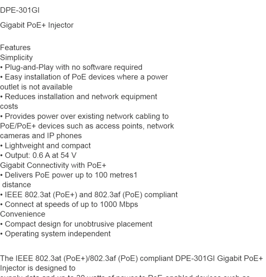 DPE-301GI - 1-port Gigabit 802.3af PoE & 802.3at PoE+ Injector