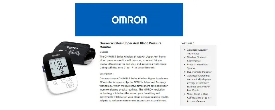 Omron 5 Series Wireless Upper Arm Blood Pressure Monitor (BP7250)
