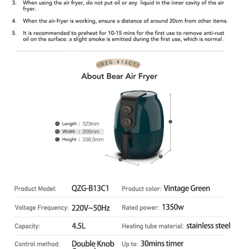 Bear 4.5L Multi-functional Air Fryer Healthy Cooking Oil Free with Non  Stick Basket Coat 1350W Power