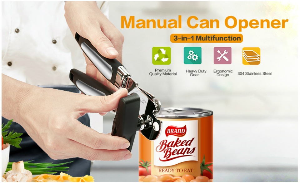 Manual Can Opener Built-in Bottle Opener Ergonomic Handle Non-slip Stainless Steel Heavy-duty Smooth Blade Super Sharp Cutting Tool Manual Side 3 In 1 Can Opener 