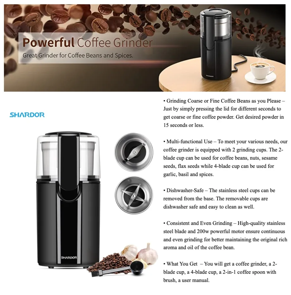 SHARDOR Coffee Grinder Electric, Spice Grinder Electric, Herb Grinder,  Grinder for Coffee Bean Spices and Seeds with 2 Removable Stainless Steel  Bowls, Black.