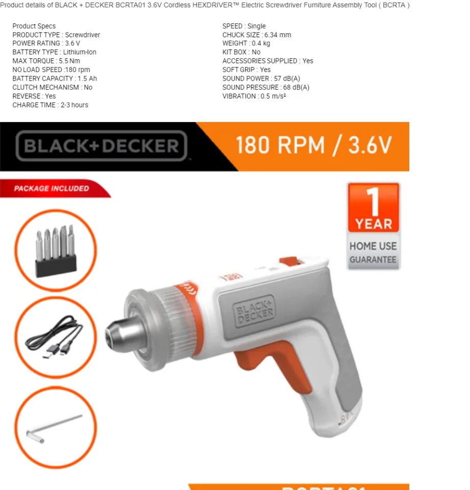 BLACK + DECKER BCRTA01 3.6V Cordless HEXDRIVER??? Electric Screwdriver  Furniture Assembly Tool ( BCRTA )