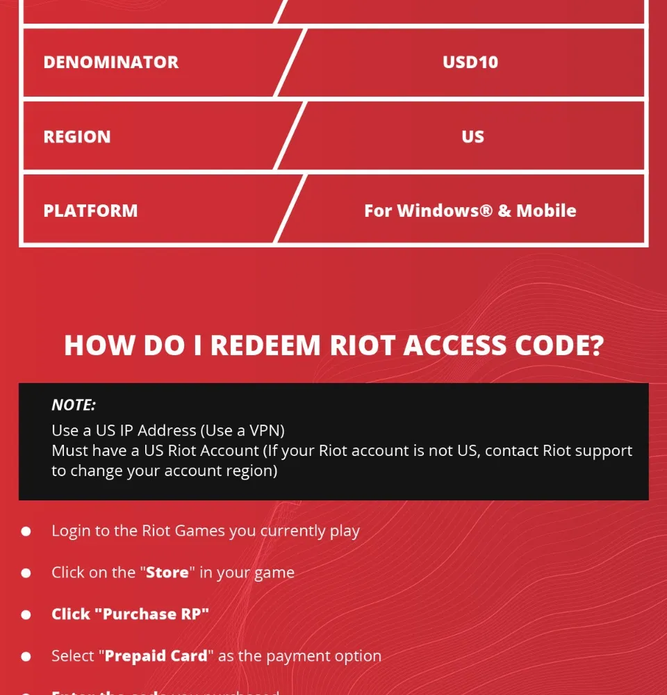 Instant Email-24/7] Riot Access Code (US Region)- USD 10 [PlayCoin] | Lazada